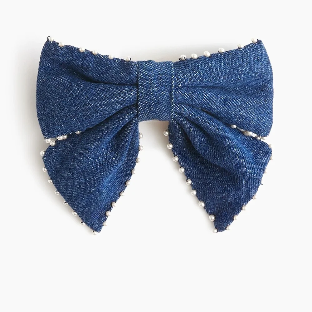 J.Crew Denim Bow Pearl Lined Barrette, Blue/ White